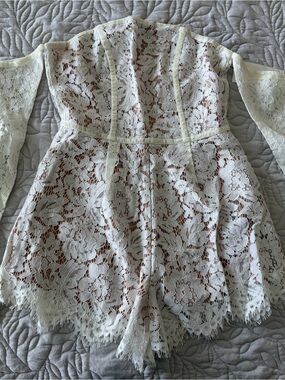 Tobi Ivory Floral Lace Off-Shoulder Romper